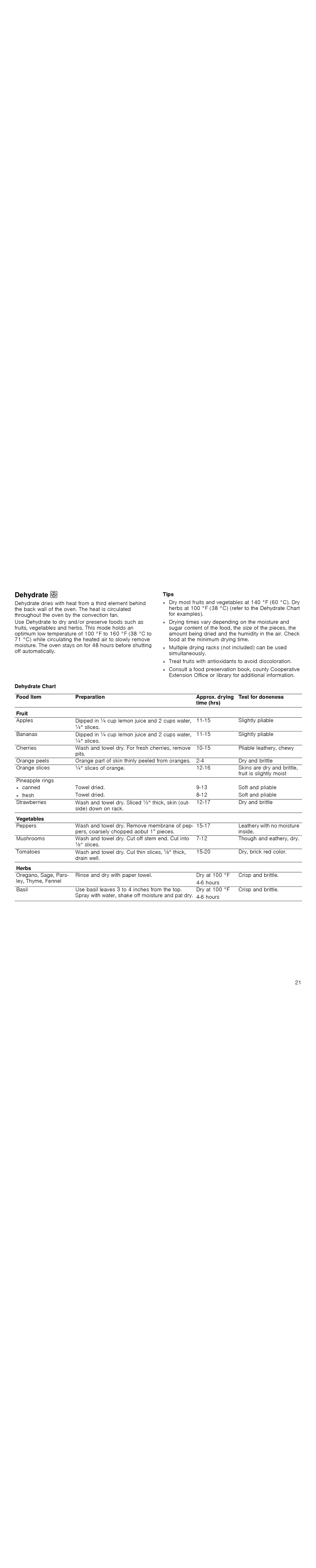 Thermador PODMW301J, PODM301J, POD301J, PODC302J manual Dehydrate, Vegetables, Herbs 