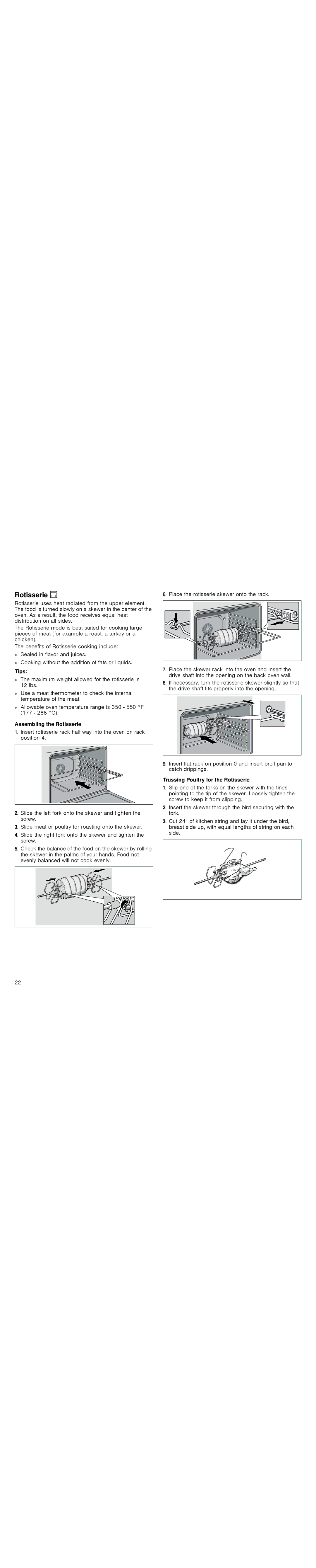 Thermador POD301J, PODM301J, PODMW301J manual Rotisserie D, Assembling the Rotisserie, Trussing Poultry for the Rotisserie 