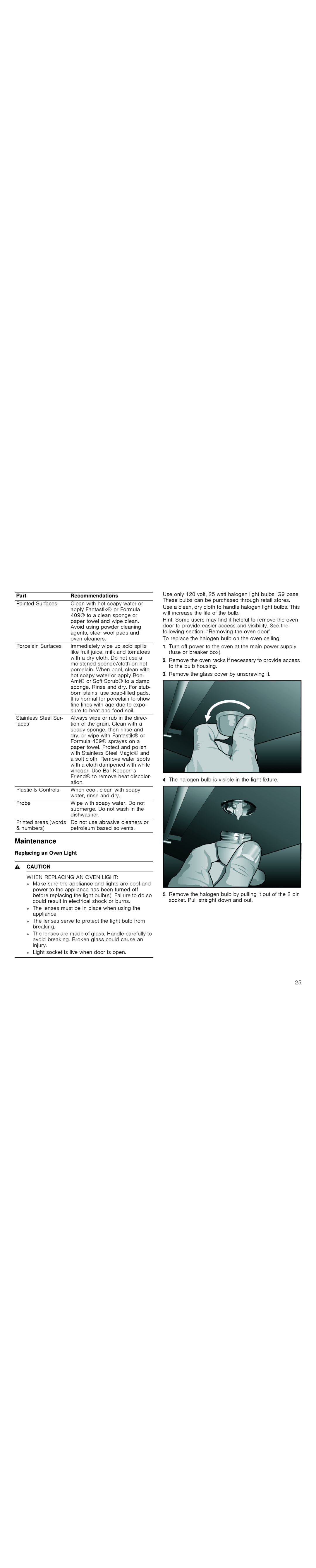 Thermador PODMW301J, PODM301J, POD301J, PODC302J manual Maintenance, Part Recommendations, Replacing an Oven Light 