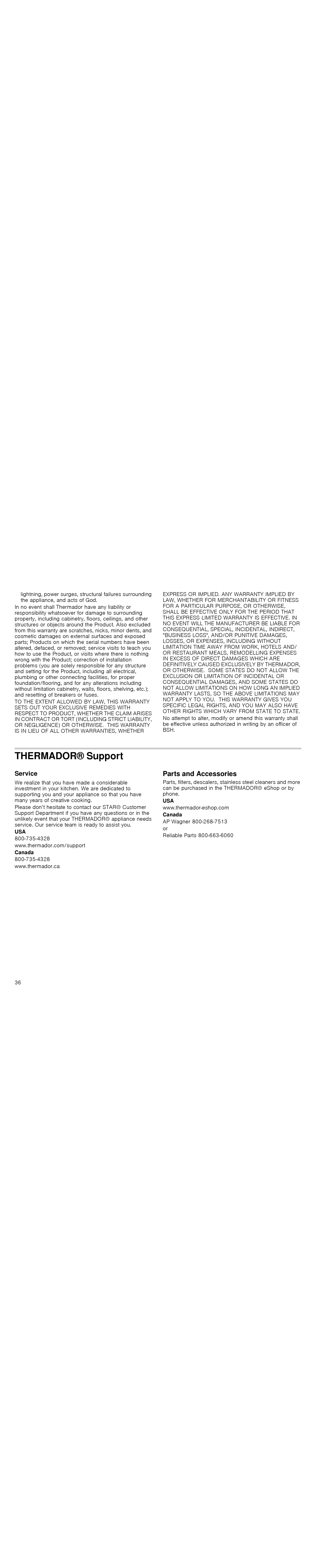 Thermador PODM301J, PODMW301J, POD301J, PODC302J manual Thermador Support, Parts and Accessories, Service, Canada 