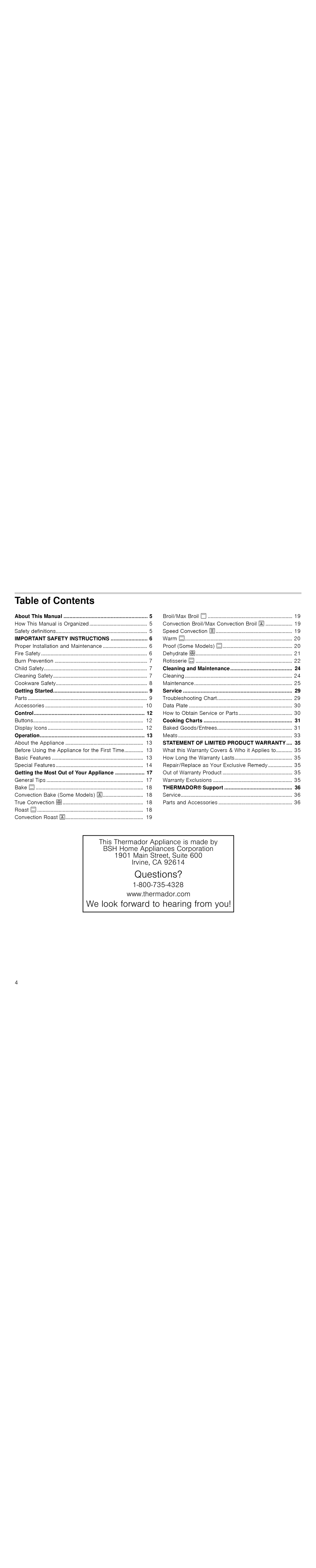 Thermador PODM301J, PODMW301J, POD301J, PODC302J manual Table of Contents 