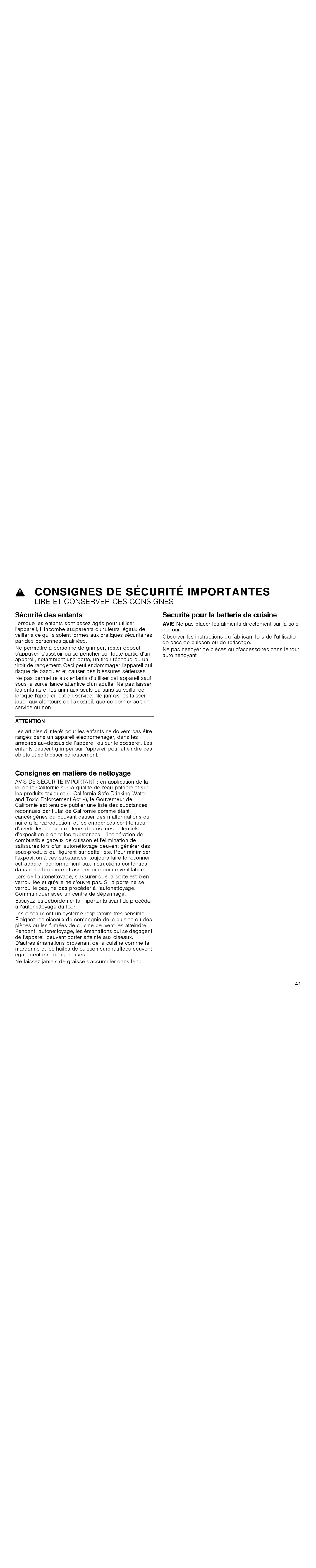 Thermador PODMW301J, POD301J Sécurité des enfants, Consignes en matière de nettoyage, Sécurité pour la batterie de cuisine 