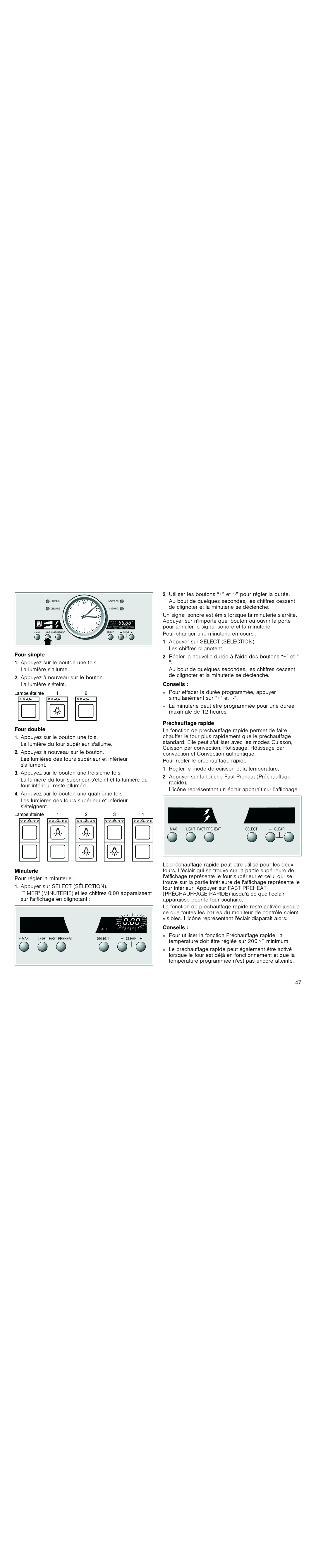 Thermador PODC302J, PODM301J, PODMW301J, POD301J manual Four simple, Four double, Préchauffage rapide, Minuterie 