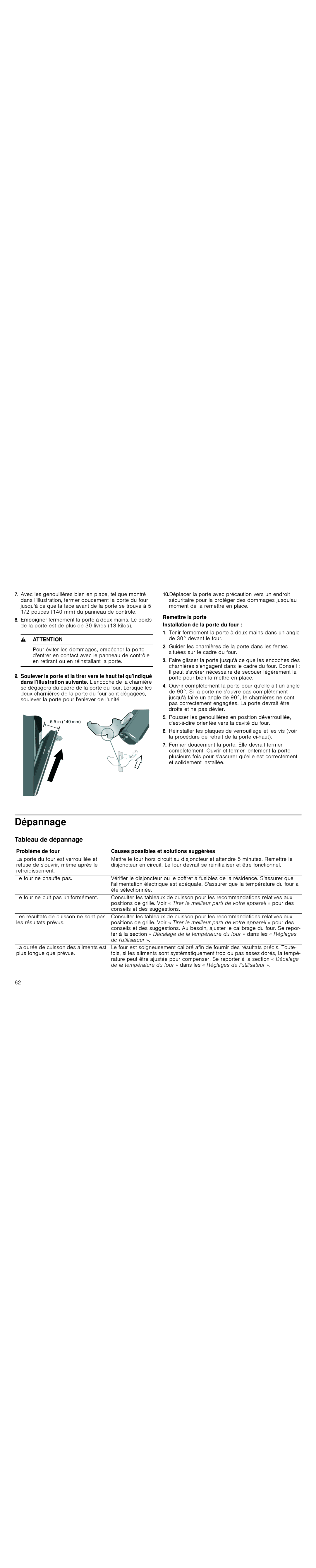 Thermador POD301J, PODM301J, PODMW301J Dépannage, Tableau de dépannage, Remettre la porte Installation de la porte du four 