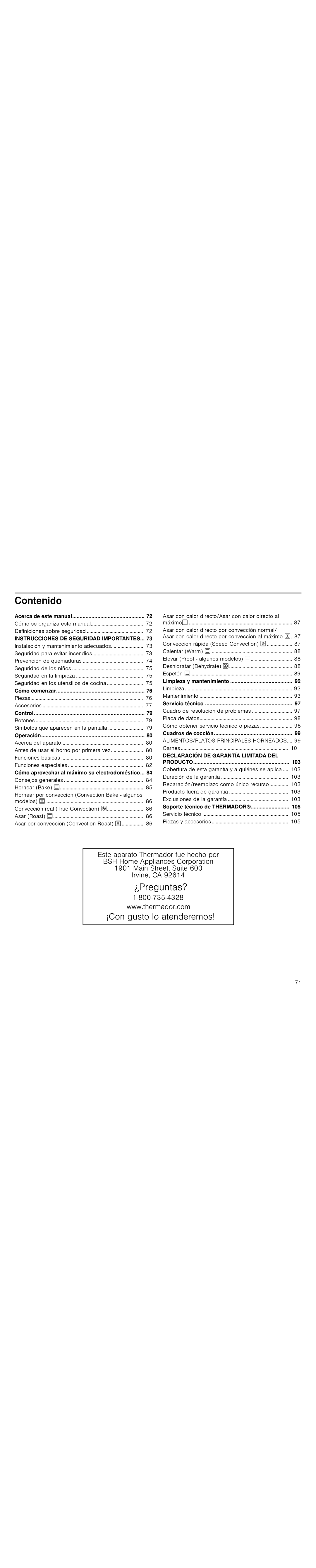 Thermador PODC302J, PODM301J, PODMW301J, POD301J manual Contenido, 103, Soporte técnico de Thermador 105 