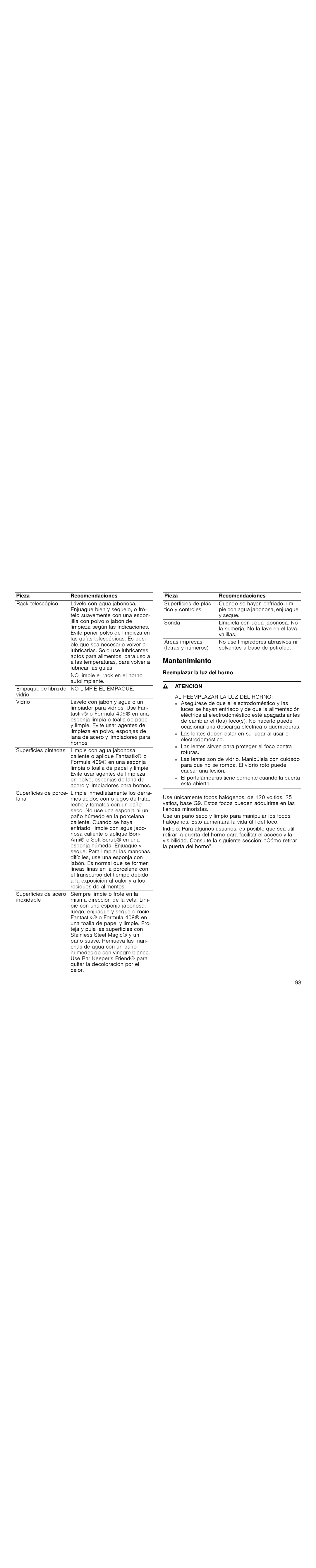 Thermador PODMW301J, PODM301J manual Mantenimiento, Pieza Recomendaciones, PiezaRecomendaciones, Reemplazar la luz del horno 