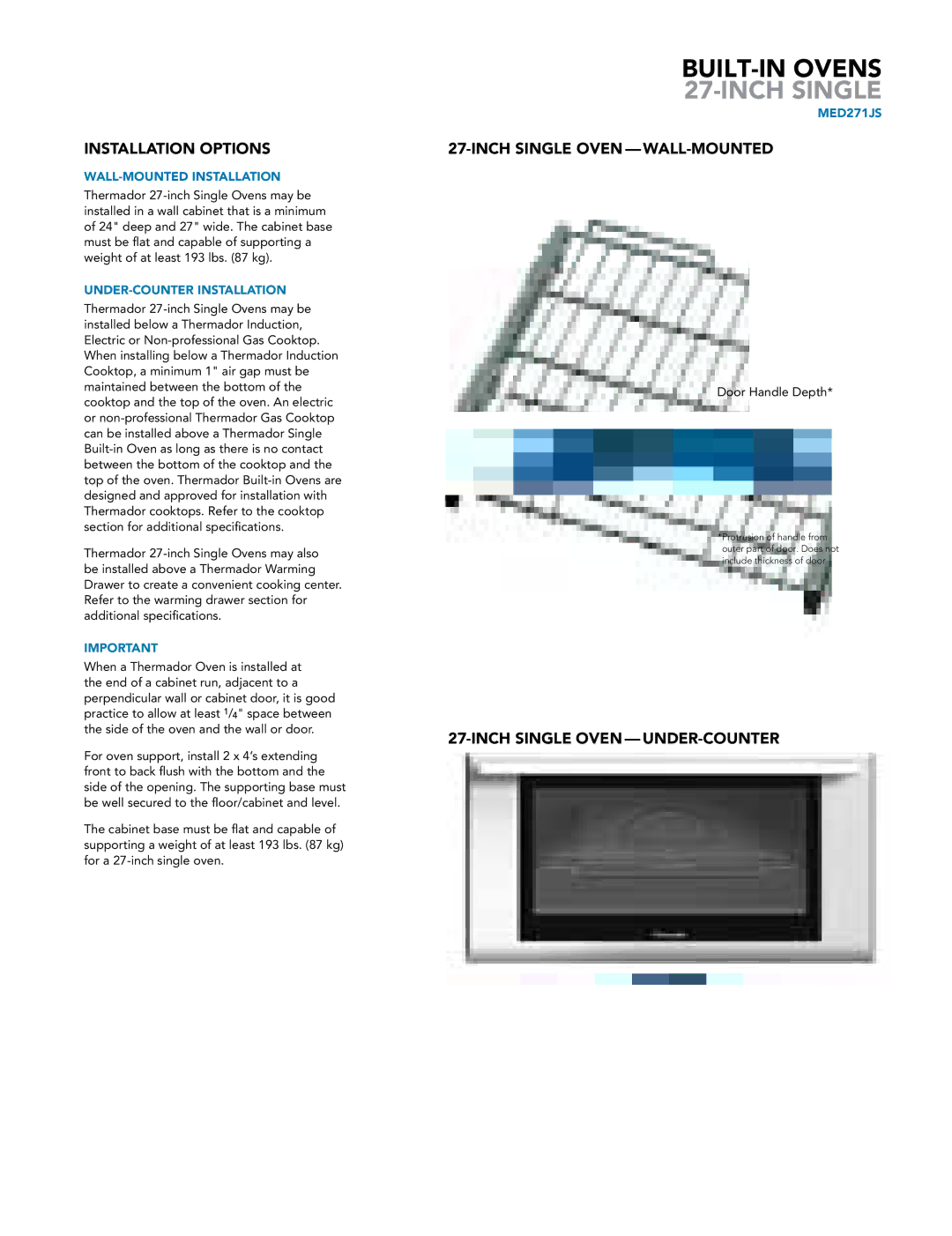 Thermador PODMW301J, DWHD651JFP manual Inch Single Oven WALL-MOUNTED, Inch Single Oven UNDER-COUNTER, MED271JS 