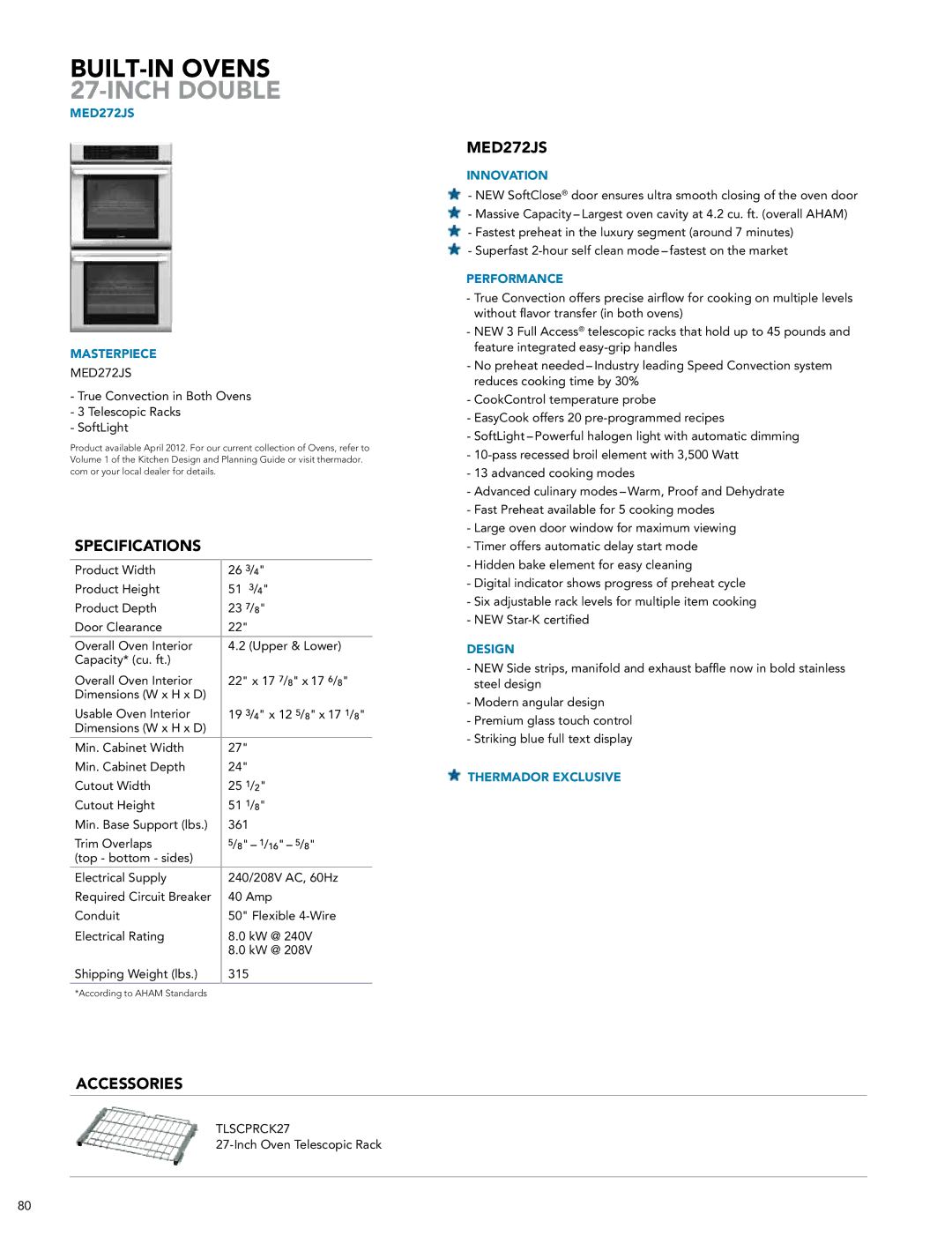 Thermador DWHD651JFP, PODMW301J manual BUILT-IN Ovens 27-INCH Double, MED272JS Masterpiece 