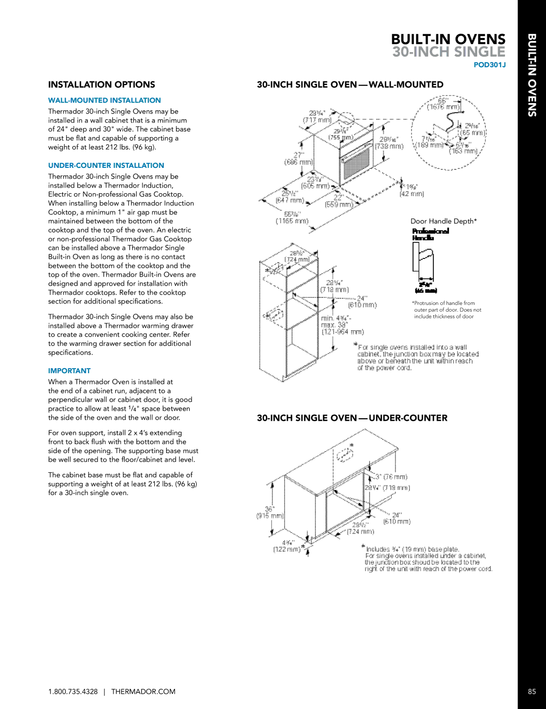 Thermador PODMW301J, DWHD651JFP manual Inch Single Oven UNDER-COUNTER, POD301J 
