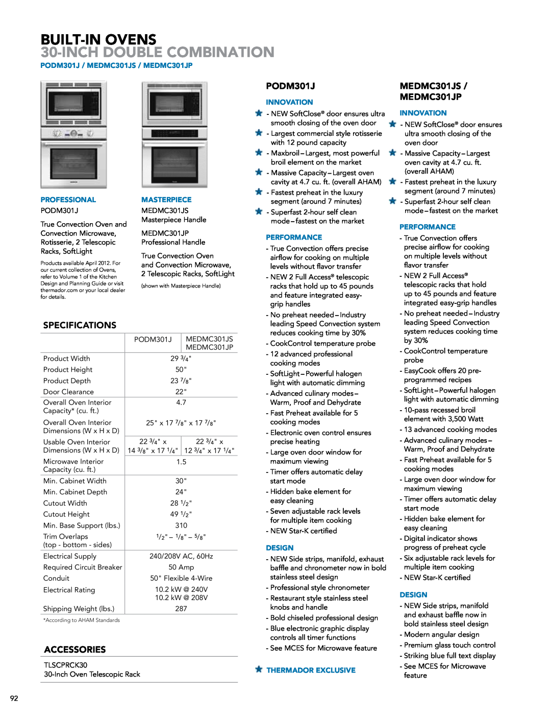 Thermador DWHD651JFP, PODMW301J manual Inch Double Combination, Built-In Ovens 