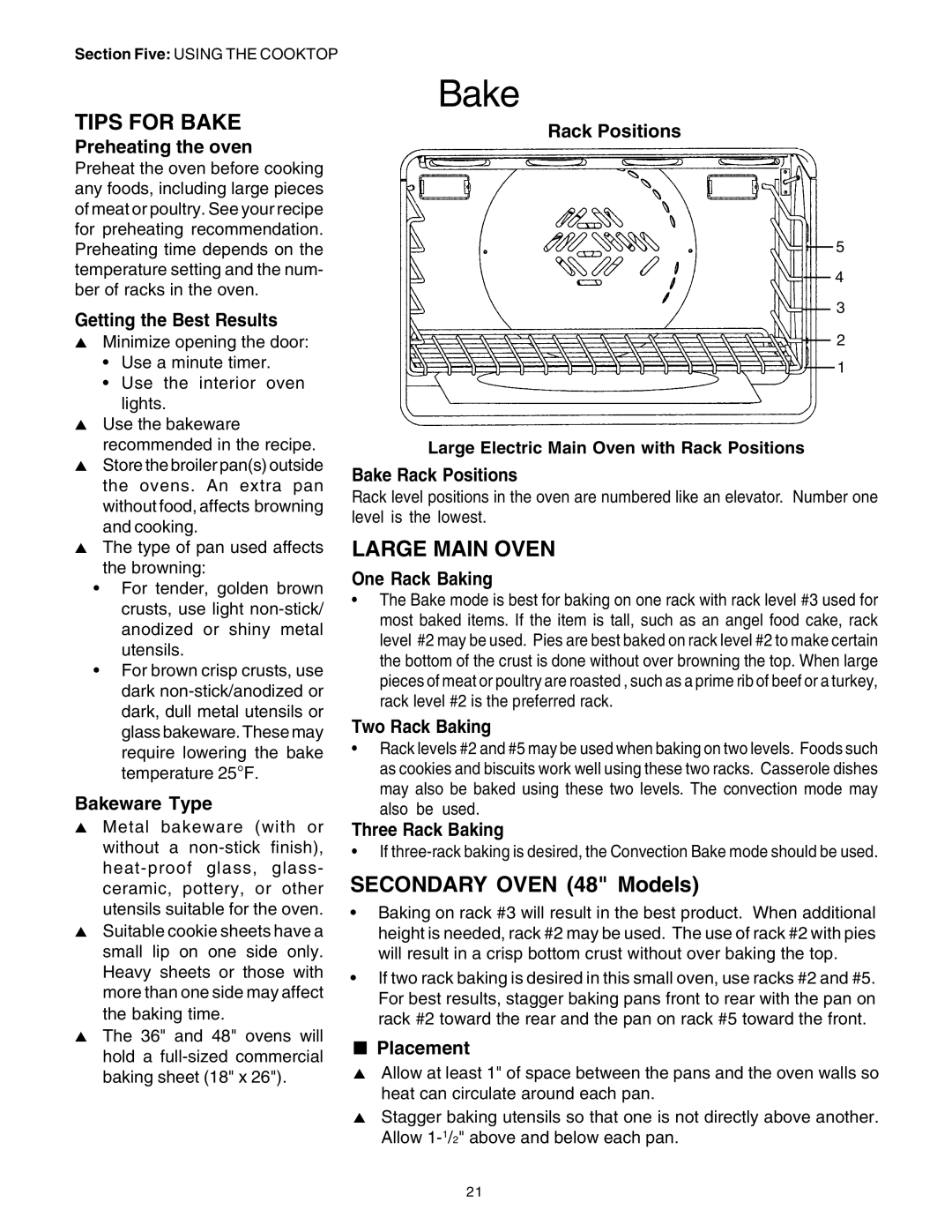 Thermador PRD30, PRD48, PRD36 manuel dutilisation Tips for Bake, Large Main Oven, Secondary Oven 48 Models 