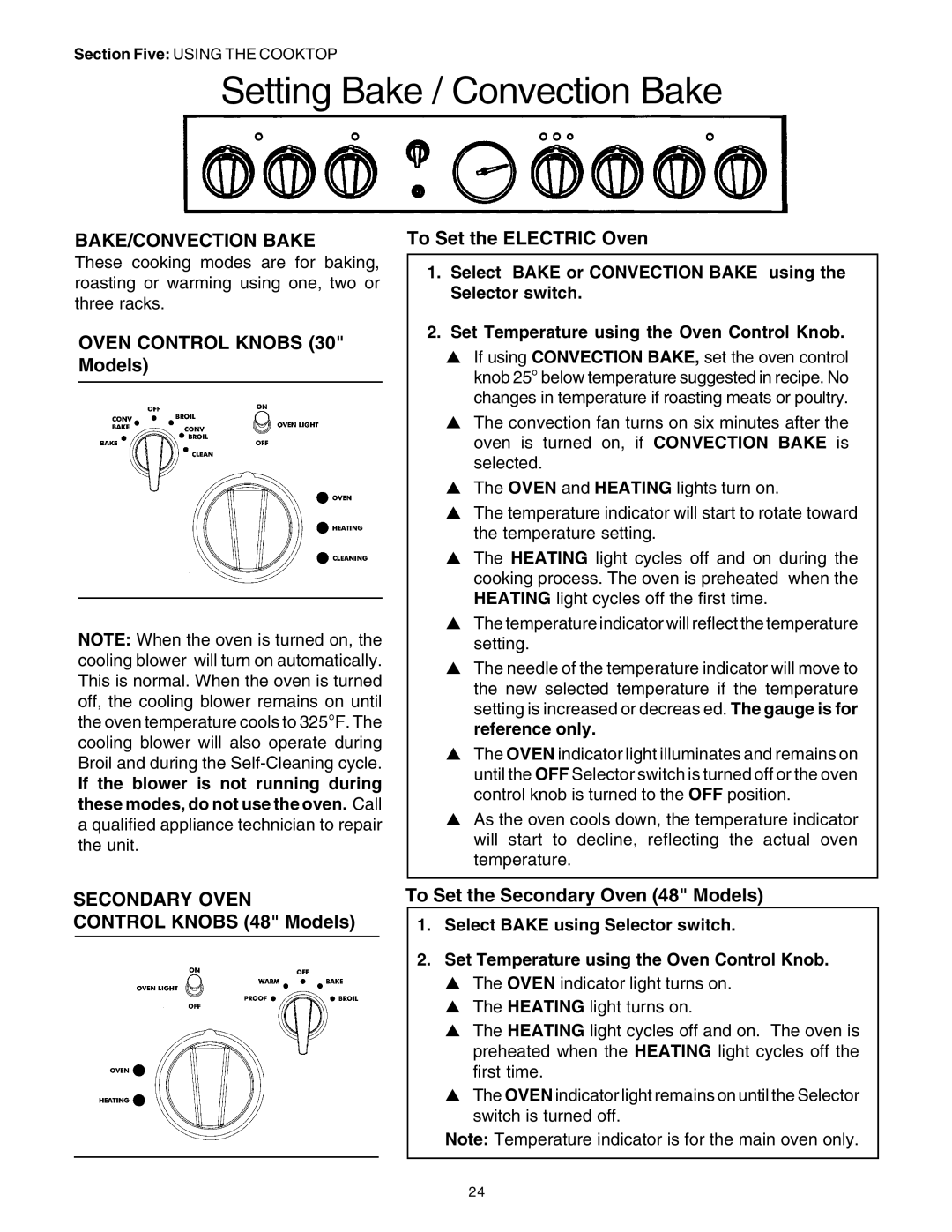 Thermador PRD30, PRD48, PRD36 manuel dutilisation Setting Bake / Convection Bake, BAKE/CONVECTION Bake, Secondary Oven 