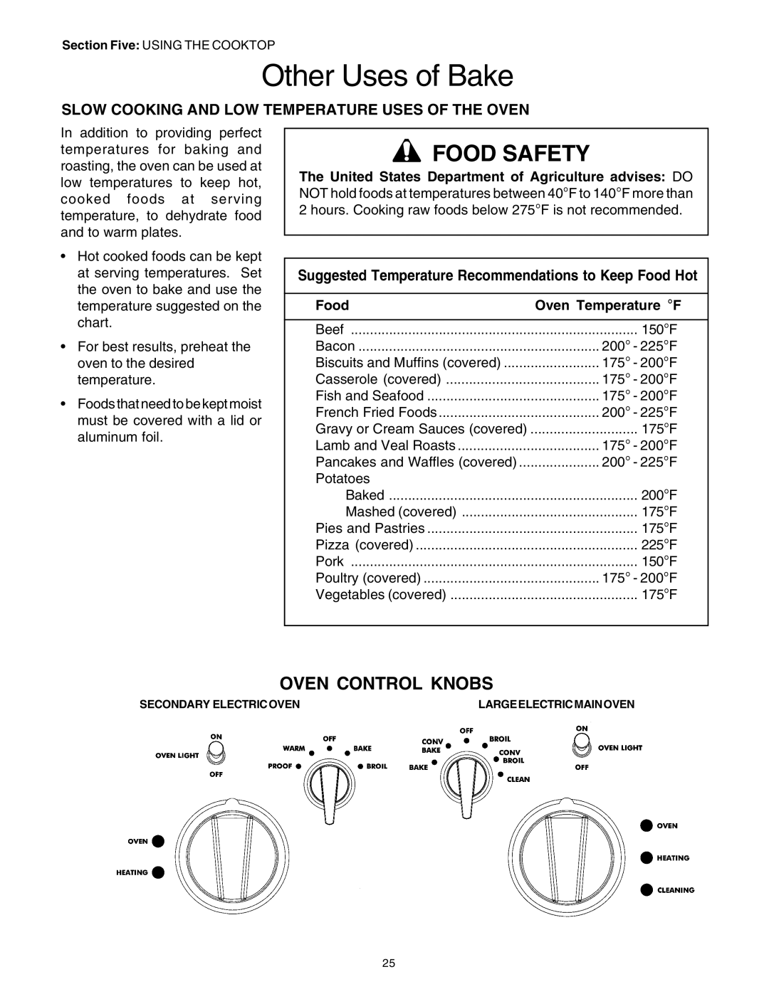 Thermador PRD48, PRD36, PRD30 Other Uses of Bake, Oven Control Knobs, Slow Cooking and LOW Temperature Uses of the Oven 