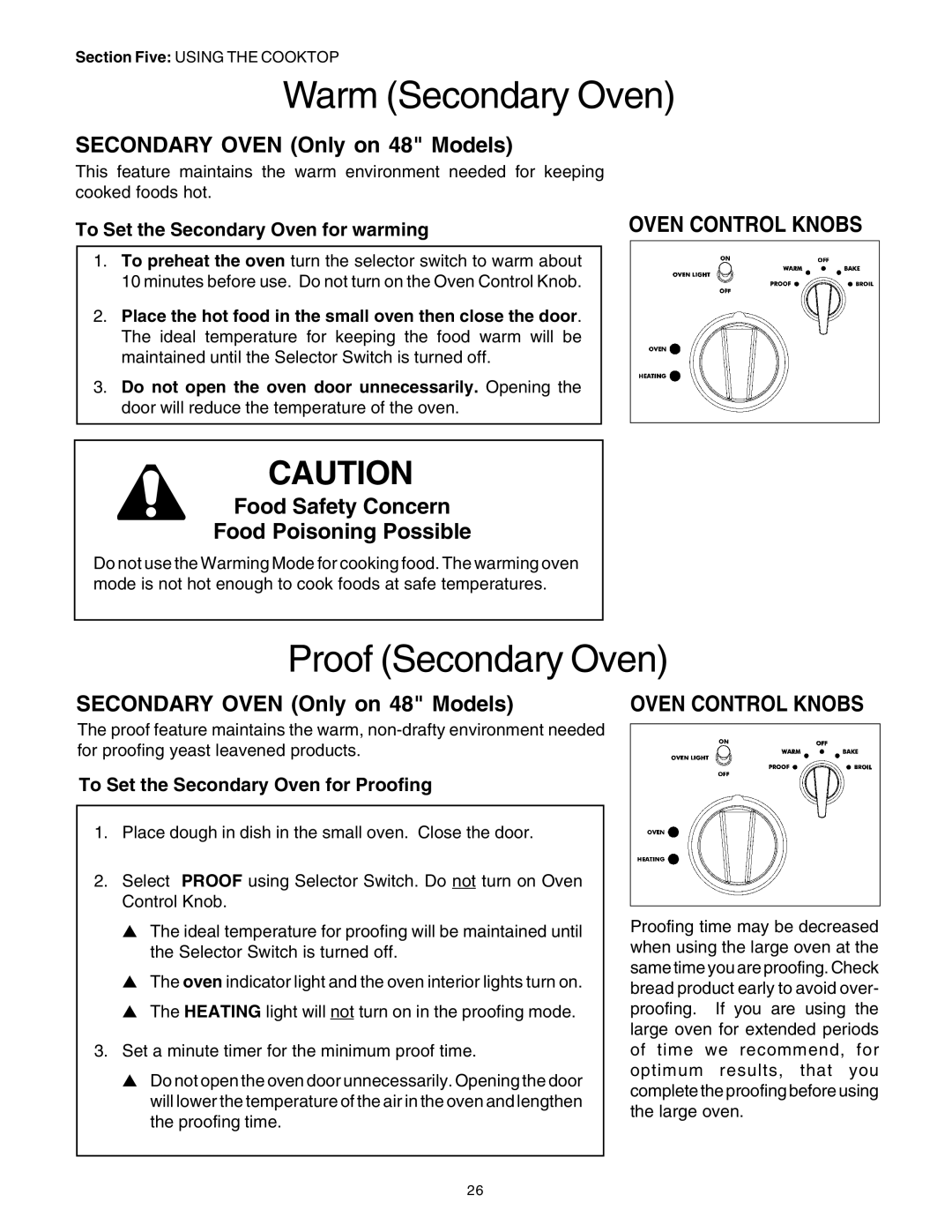 Thermador PRD36, PRD48, PRD30 manuel dutilisation Warm Secondary Oven, Proof Secondary Oven, Secondary Oven Only on 48 Models 