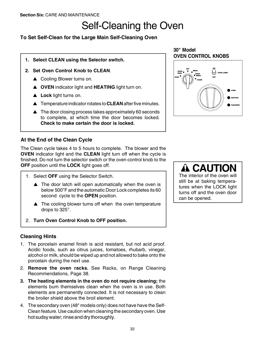 Thermador PRD36, PRD48 To Set Self-Clean for the Large Main Self-Cleaning Oven, Model, Oven Control Knobs, Cleaning Hints 