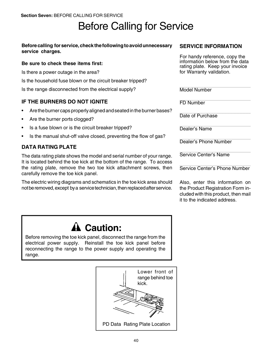 Thermador PRD48, PRD36 Before Calling for Service, If the Burners do not Ignite, Service Information, Data Rating Plate 