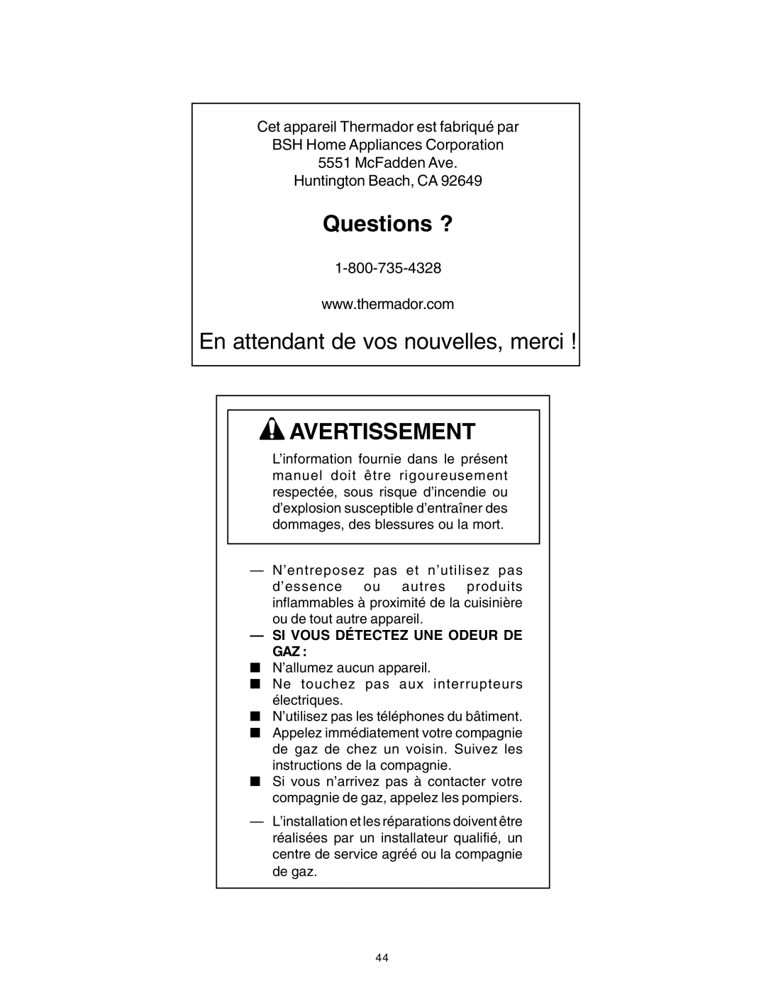 Thermador PRD36, PRD48, PRD30 manuel dutilisation SI Vous Détectez UNE Odeur DE GAZ 