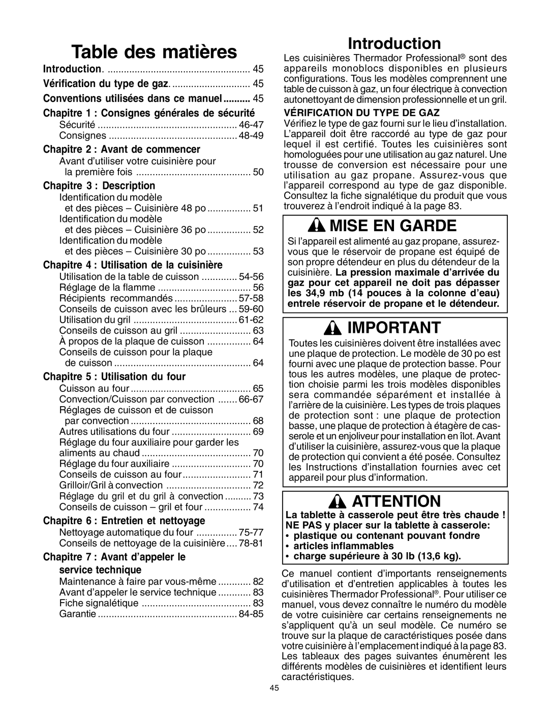 Thermador PRD30, PRD48 Chapitre 2 Avant de commencer, Chapitre 3 Description, Chapitre 4 Utilisation de la cuisinière 