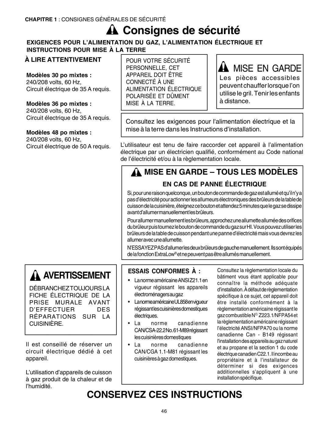 Thermador PRD48, PRD36, PRD30 manuel dutilisation Lire Attentivement, EN CAS DE Panne Électrique, Essais Conformes À 