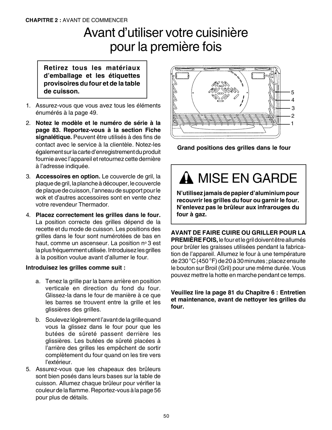 Thermador PRD36, PRD48, PRD30 Avant d’utiliser votre cuisinière Pour la première fois, Introduisez les grilles comme suit 