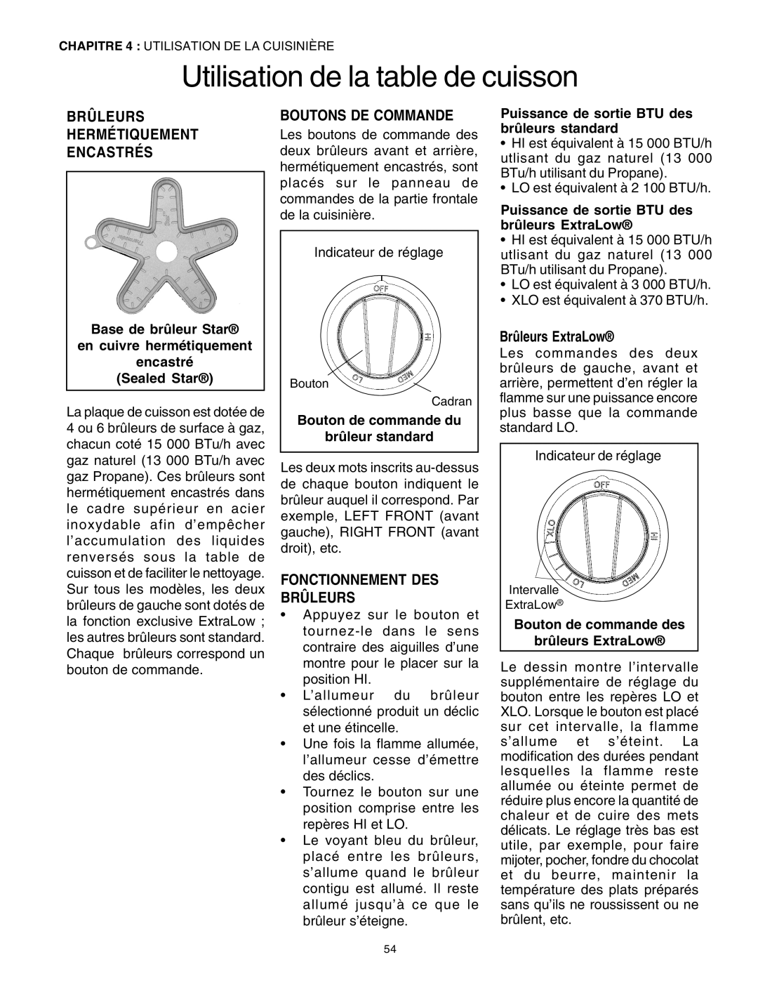 Thermador PRD30, PRD48, PRD36 Utilisation de la table de cuisson, Brûleurs Hermétiquement Encastrés, Boutons DE Commande 