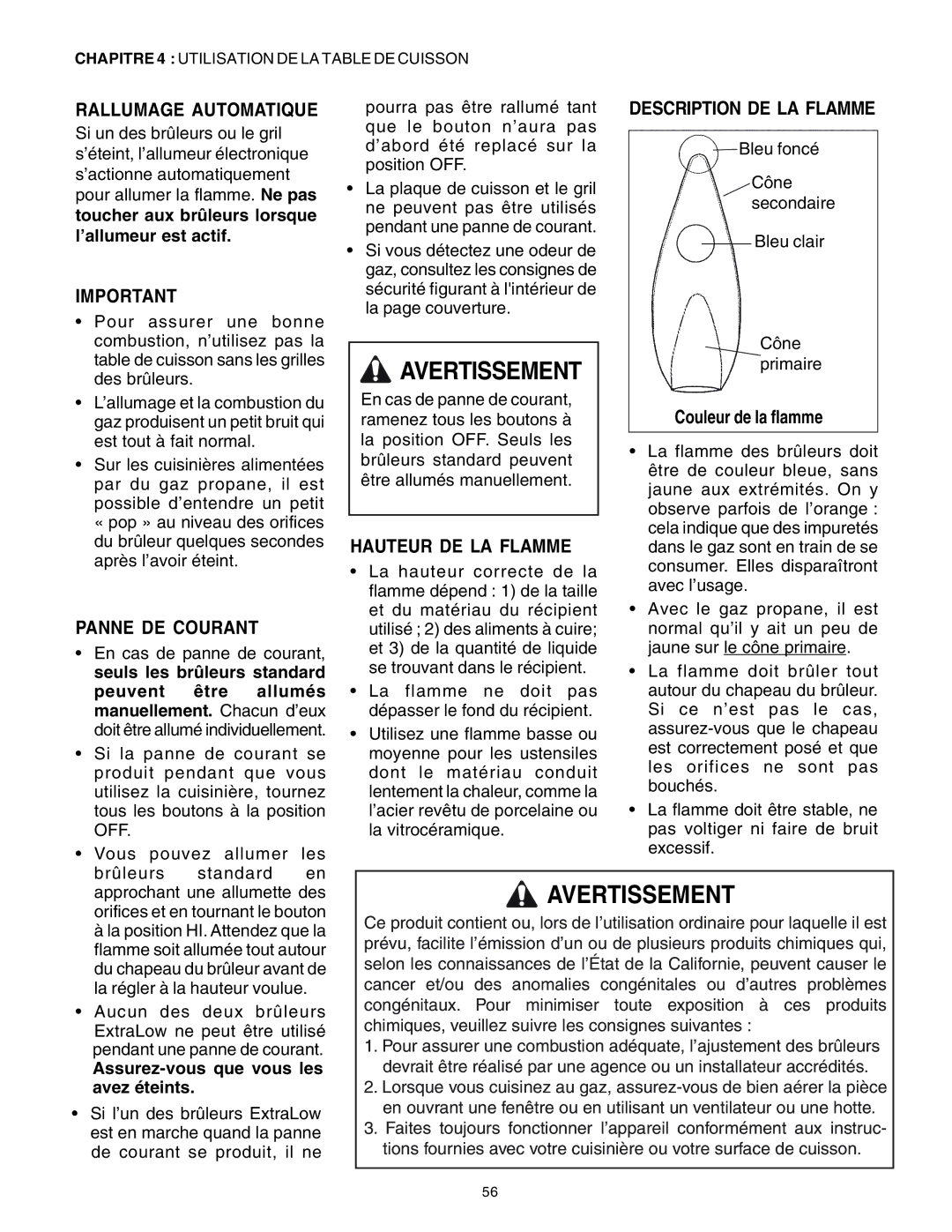 Thermador PRD36, PRD48, PRD30 Rallumage Automatique, Panne DE Courant, Hauteur DE LA Flamme, Description DE LA Flamme 