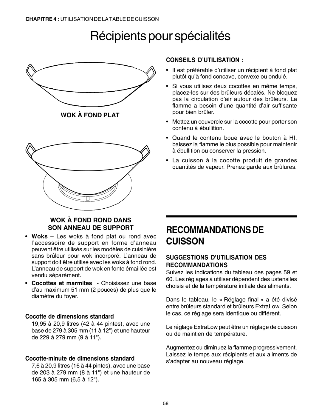 Thermador PRD48, PRD36, PRD30 manuel dutilisation Récipients pour spécialités, Conseils D’UTILISATION, WOK À Fond Plat 