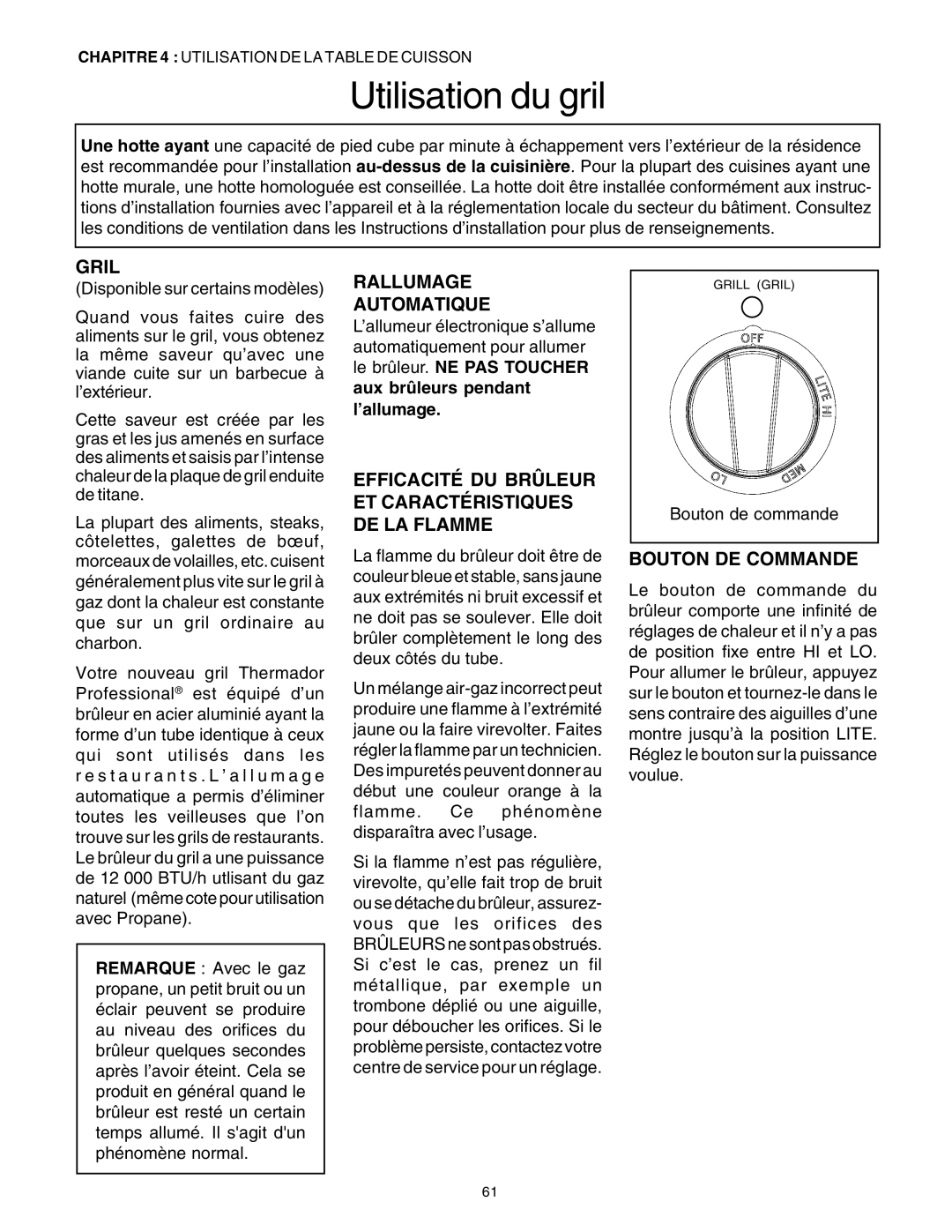 Thermador PRD48 Utilisation du gril, Gril, Efficacité DU Brûleur ET Caractéristiques DE LA Flamme, Bouton DE Commande 