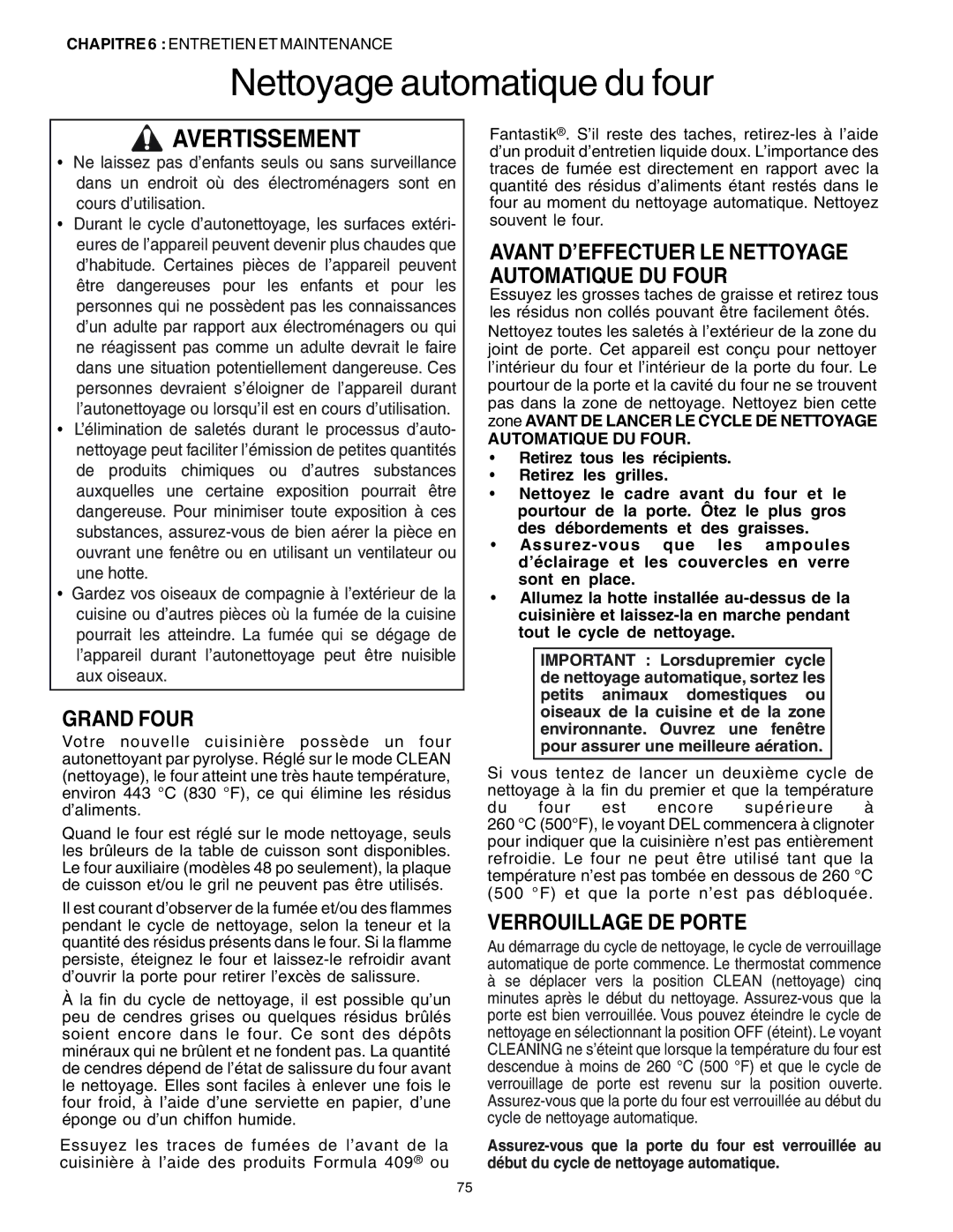 Thermador PRD30, PRD48, PRD36 manuel dutilisation Nettoyage automatique du four, Verrouillage DE Porte 