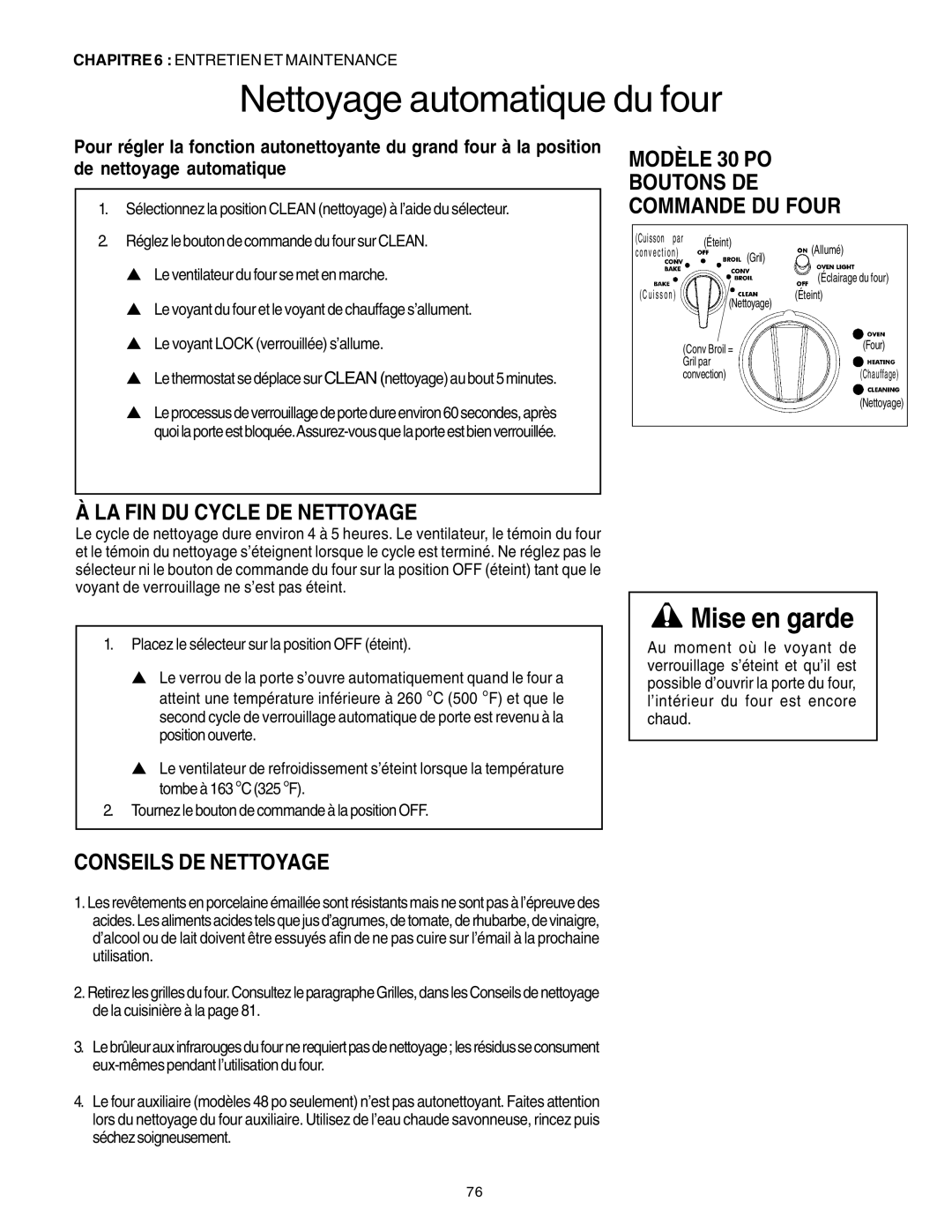 Thermador PRD48, PRD36, PRD30 manuel dutilisation Modèle 30 PO, LA FIN DU Cycle DE Nettoyage, Conseils DE Nettoyage 