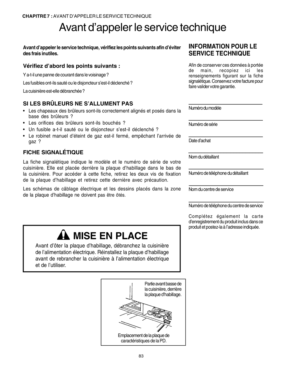 Thermador PRD36, PRD48 Avant d’appeler le service technique, Vérifiez d’abord les points suivants, Fiche Signalétique 