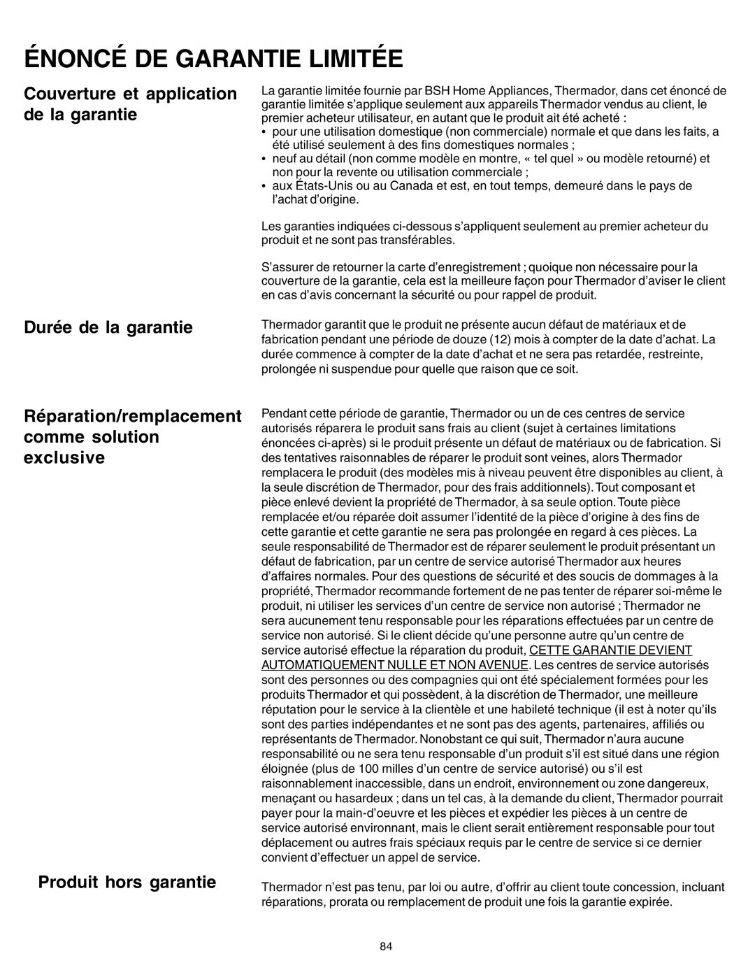 Thermador PRD30, PRD48, PRD36 manuel dutilisation Énoncé DE Garantie Limitée 