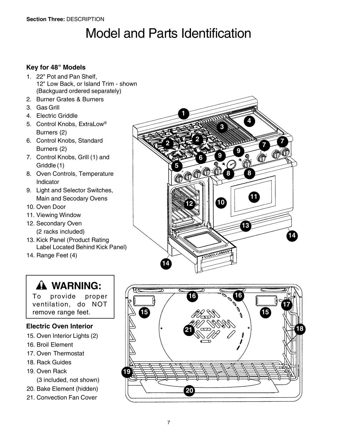 Thermador PRD48, PRD36, PRD30 manuel dutilisation Model and Parts Identification, Key for 48 Models, Electric Oven Interior 