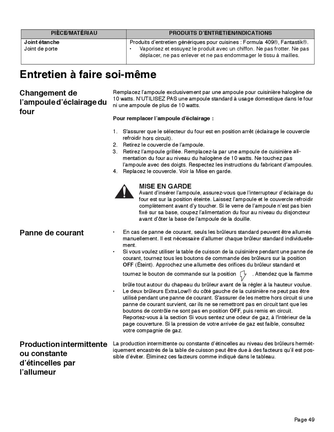 Thermador PRD30, PRD48, PRD36 manual Entretien à faire soi-même, Changement de l’ampoule d’éclairage du four, Joint étanche 