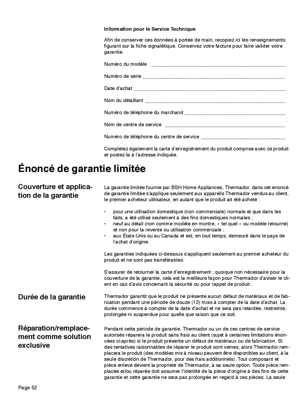 Thermador PRD30, PRD48, PRD36 Énoncé de garantie limitée, Durée de la garantie, Couverture et applica- tion de la garantie 