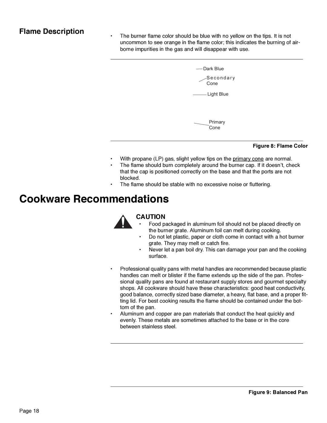 Thermador PRD48, PRD36, PRD30 manual Cookware Recommendations, Flame Description 