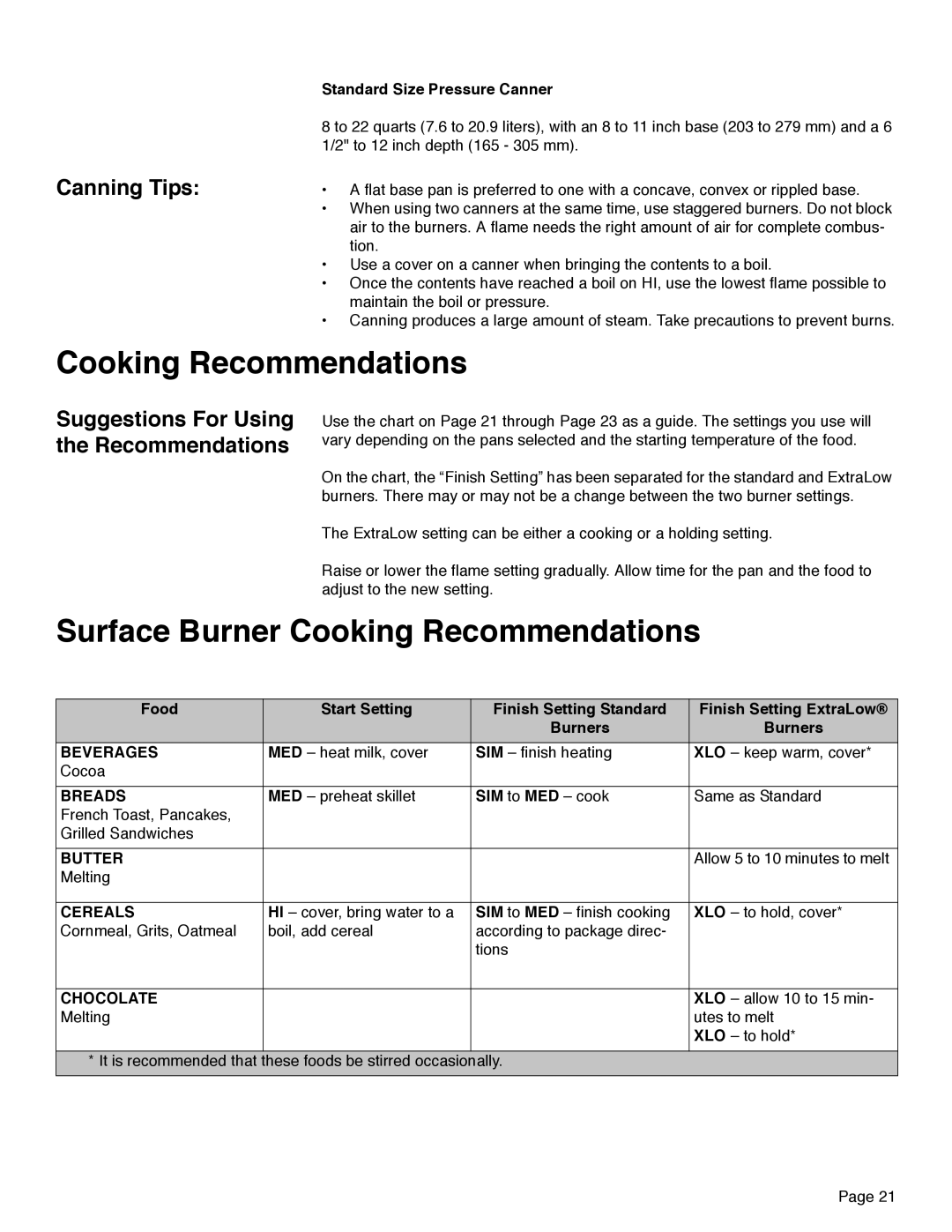 Thermador PRD48, PRD36 Surface Burner Cooking Recommendations, Canning Tips, Suggestions For Using the Recommendations 