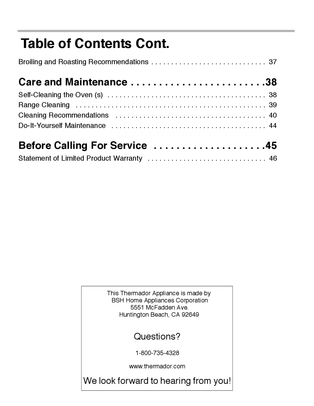 Thermador PRD48, PRD36, PRD30 manual Care and Maintenance, Before Calling For Service 