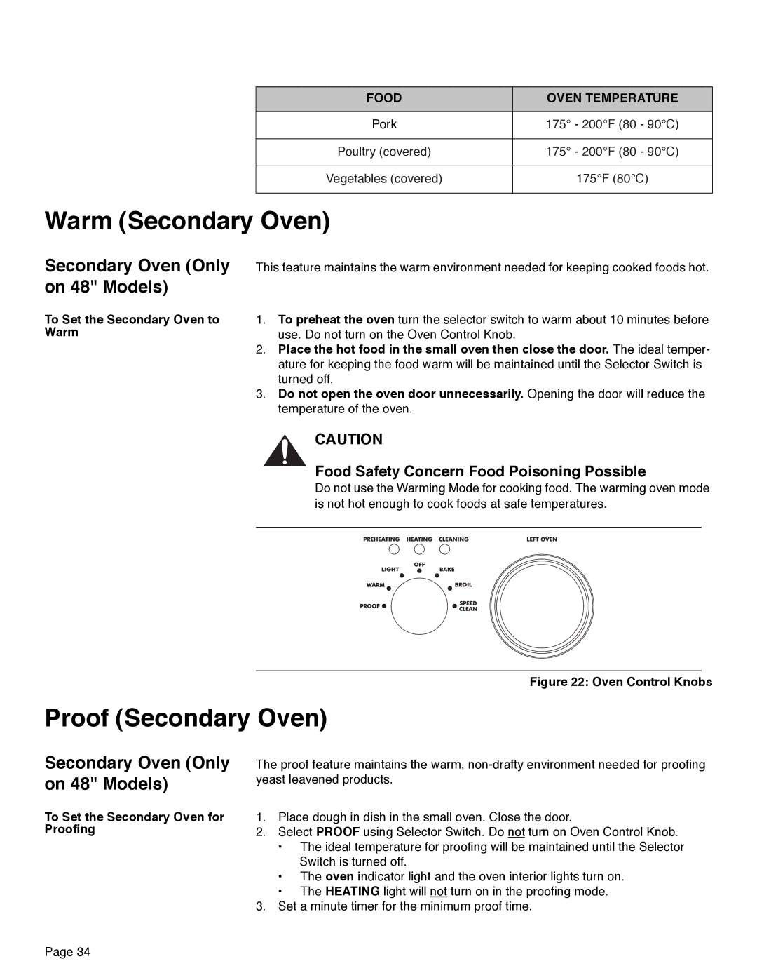 Thermador PRD36, PRD48, PRD30 manual Warm Secondary Oven, Proof Secondary Oven, Secondary Oven Only on 48 Models 