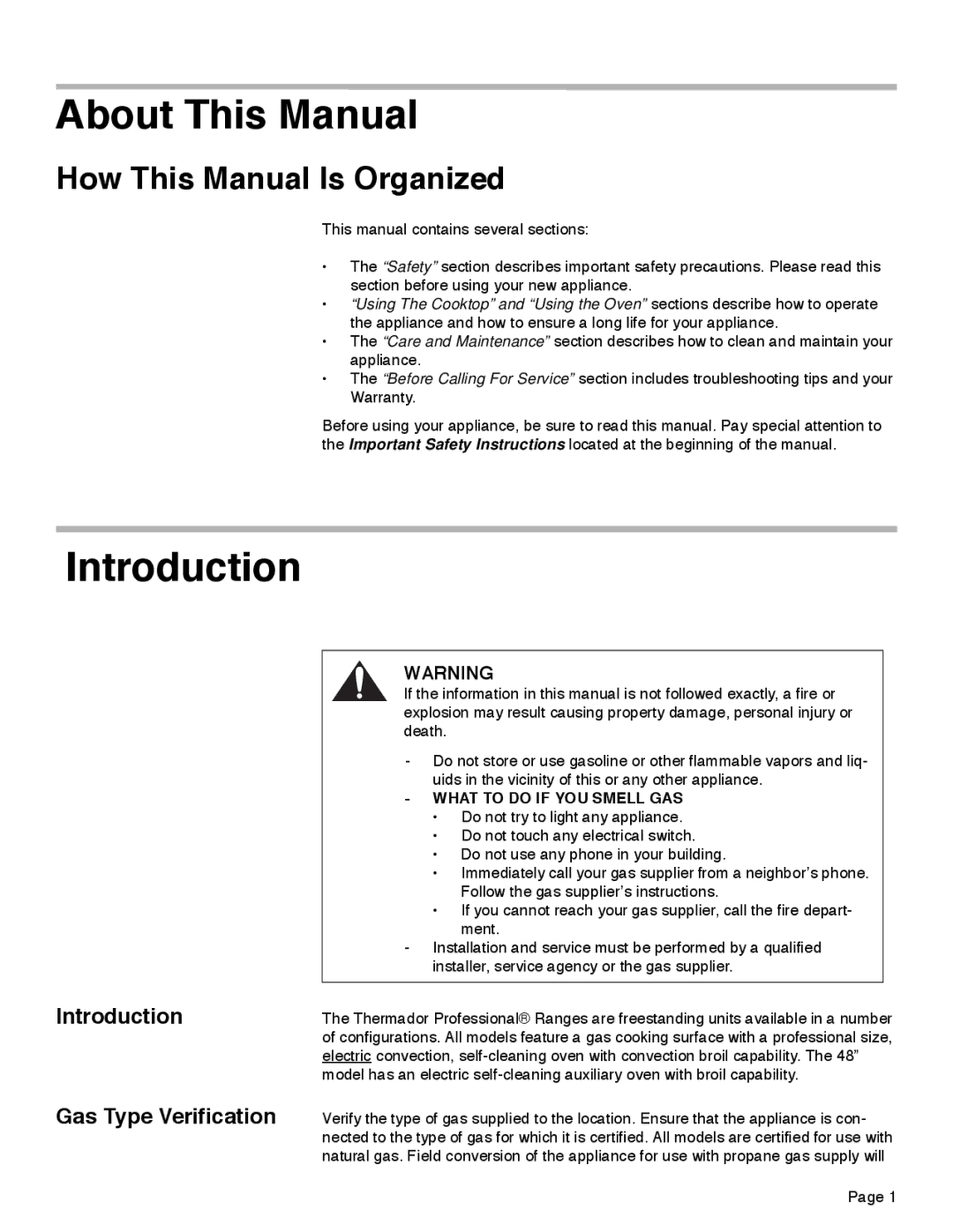 Thermador PRD36, PRD48, PRD30 manual About This Manual, How This Manual Is Organized, Introduction Gas Type Verification 