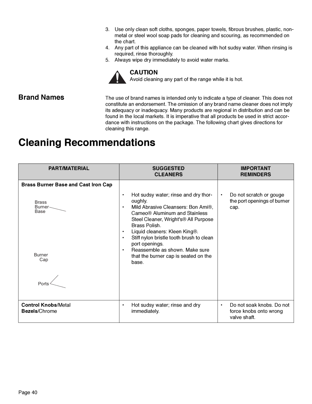 Thermador PRD36 Cleaning Recommendations, Brand Names, PART/MATERIAL Suggested Cleaners Reminders, Control Knobs/Metal 