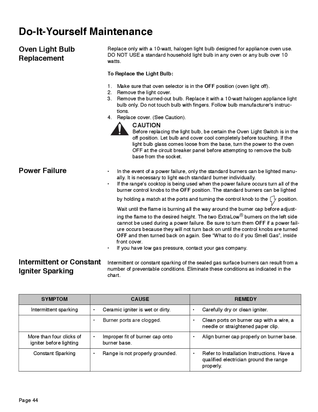 Thermador PRD30, PRD48 Do-It-Yourself Maintenance, Oven Light Bulb Replacement Power Failure, To Replace the Light Bulb 