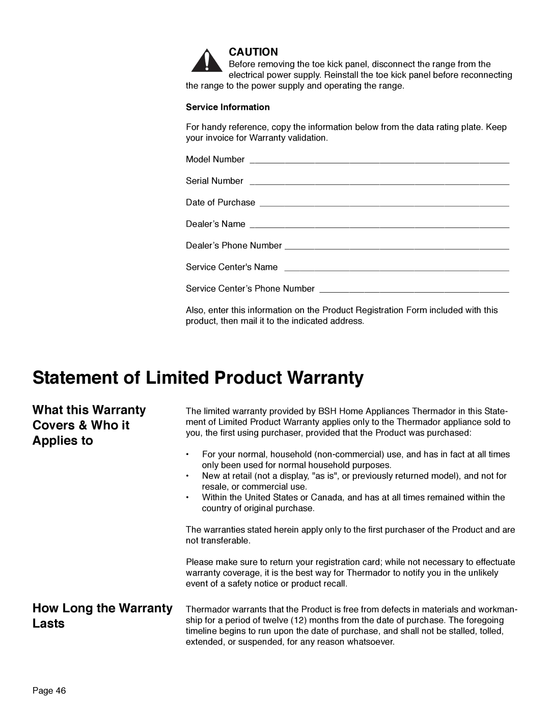 Thermador PRD36, PRD48, PRD30 manual Statement of Limited Product Warranty, Service Information 