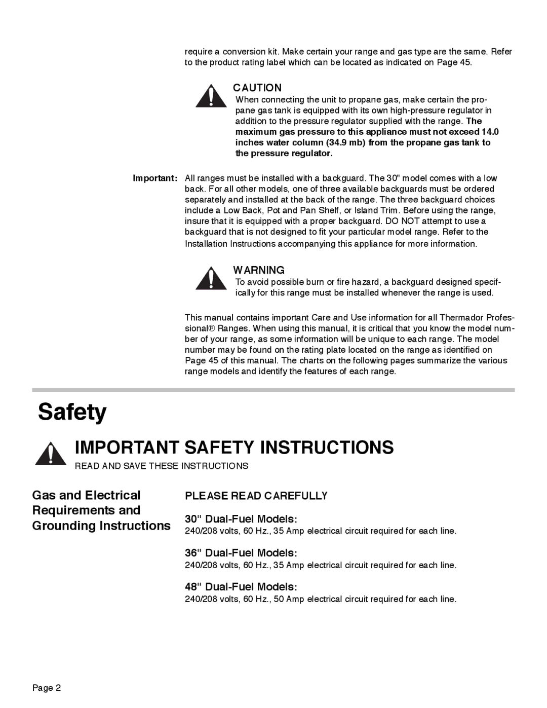 Thermador PRD30, PRD48, PRD36 manual Safety, Gas and Electrical, Requirements, Grounding Instructions 