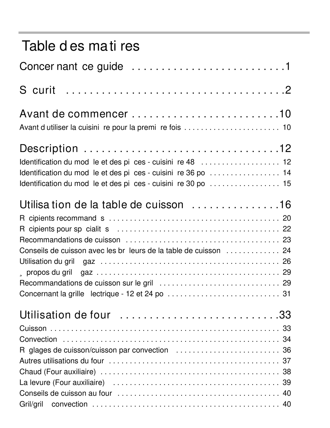 Thermador PRD48, PRD36, PRD30 manual Table des matières, Utilisation de la table de cuisson 