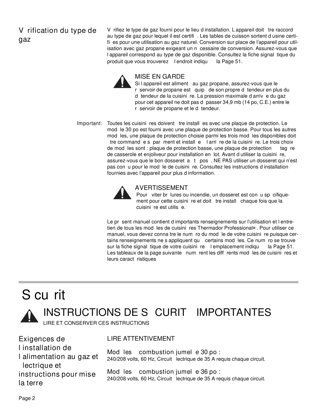 Thermador PRD48, PRD36, PRD30 manual Sécurité, Vérification du type de gaz 