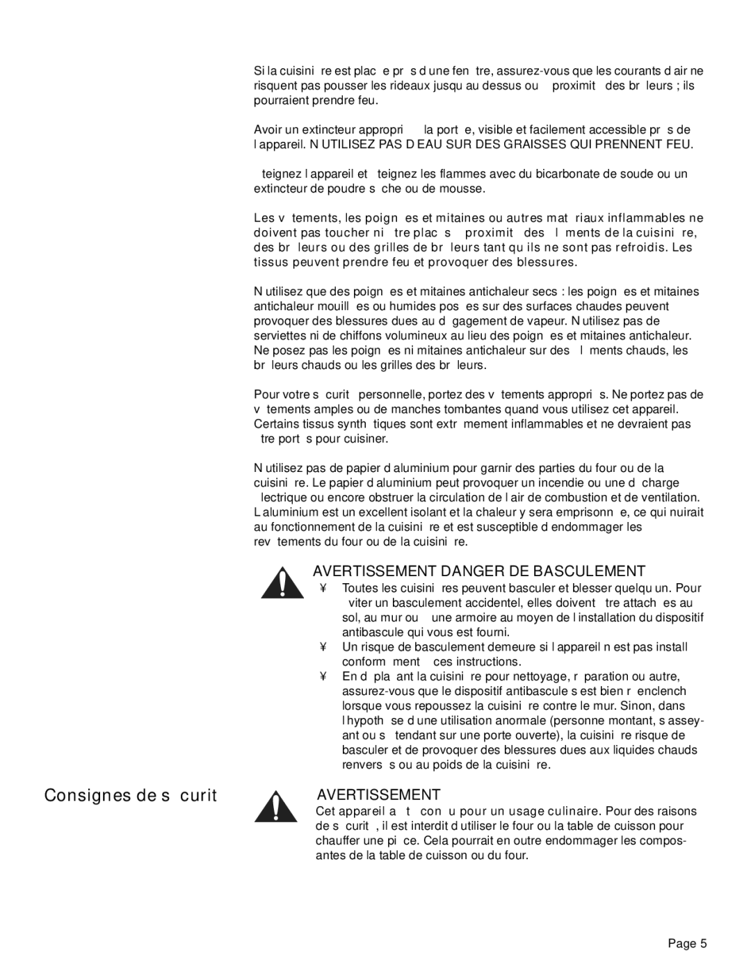 Thermador PRD48, PRD36, PRD30 manual Consignes de sécurité, Avertissement Danger DE Basculement 