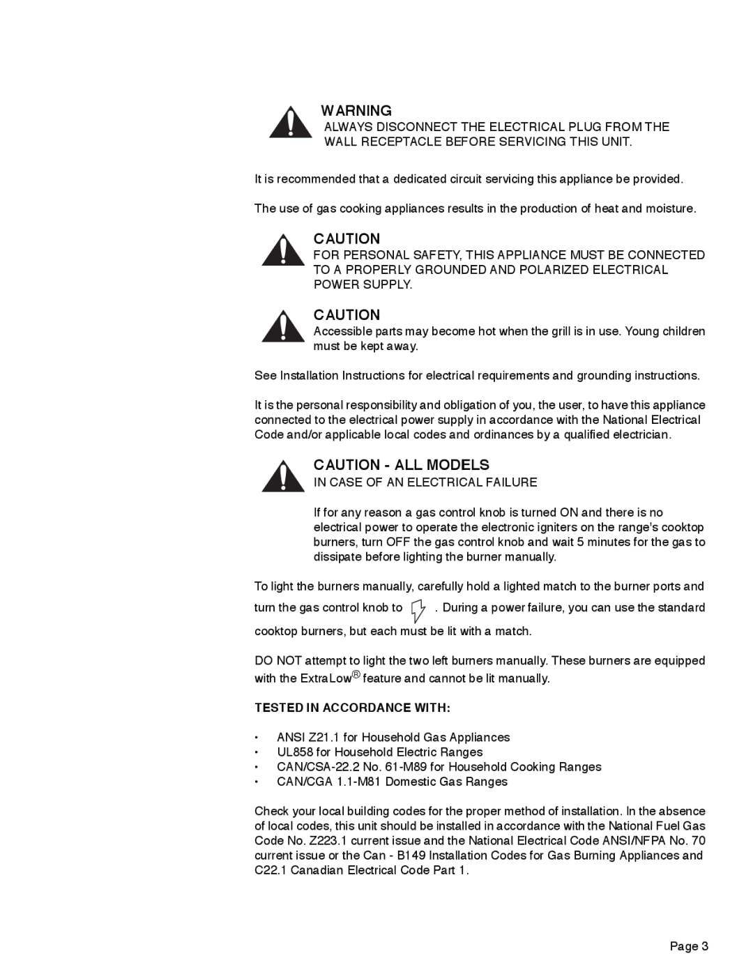 Thermador PRD48, PRD36, PRD30 manual Case of AN Electrical Failure, Tested in Accordance with 