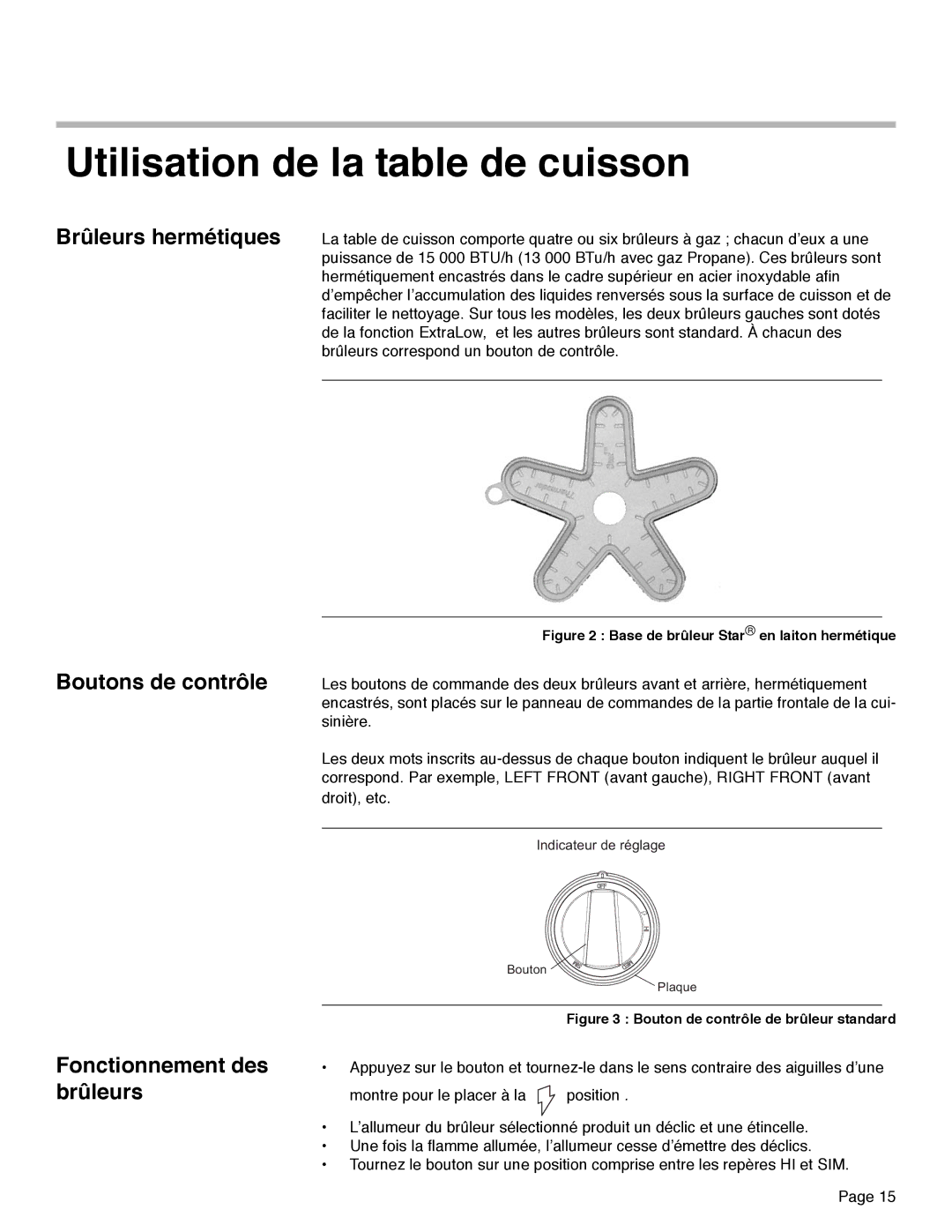 Thermador PRD36, PRD48, PRD30 manual Utilisation de la table de cuisson, Boutons de contrôle Fonctionnement des brûleurs 