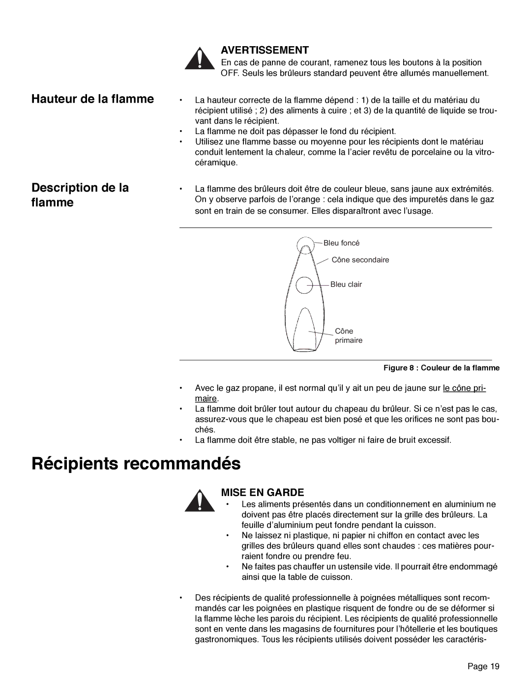 Thermador PRD30, PRD48, PRD36 manual Récipients recommandés, Hauteur de la flamme Description de la flamme 